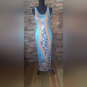 Sleeveless Blue and Orange Maxi Dress